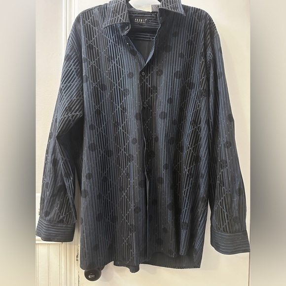 Pronti Collection by Phita Men’s XXL Blue Black Shiny Disco Party Shirt - Picture 4 of 12